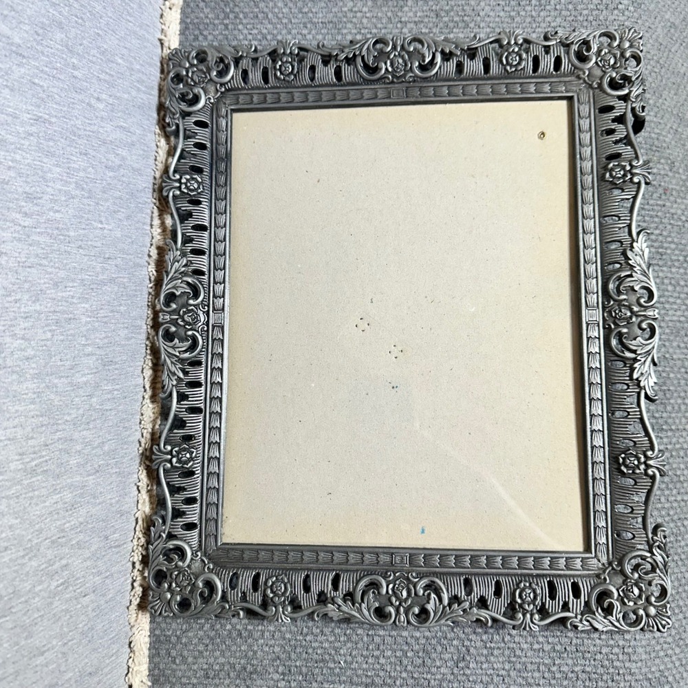 Vtg Ornate Pewter Tone Metal Scrollwork 8x10 Pic Frame Chic Shabby Cottage Rose